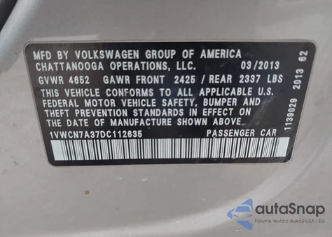 2013 Volkswagen Passat 2.0L Tdi Sel Premium from USA, damaged, VIN 1VWCN7A37DC112635